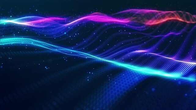 3d render particles background VJ loop Neon particle wave over digital grid, vibrant blue and pink ribbons ripple across dark space, tiny dots form shimmering undulating mesh, ideal for club VJ loops,