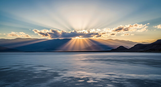 Sun rays beaming through clouds over a serene, dry lakebed at sunset, dramatic atmospheric light show, golden hour glow illuminating landscape