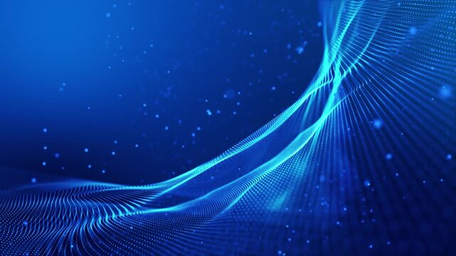 3d render particles background VJ loop Glowing holographic ribbon curving upward, cascading particle specks, flowing mesh grid and cinematic depth, serene futuristic vibe, suited for interface demos,