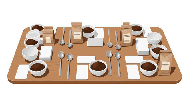 Coffee cupping setup with bowls, spoons, and bags on wooden surface