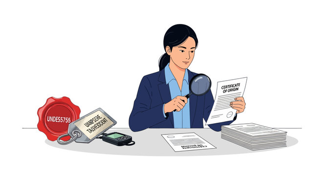 Businesswoman analyzing trade documents with security features in office setting