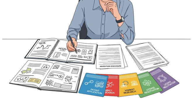 Person reviewing patent documents and innovation workflow in linear style
