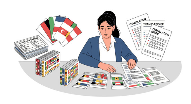 Translator analyzing multilingual documents and flag cards at desk