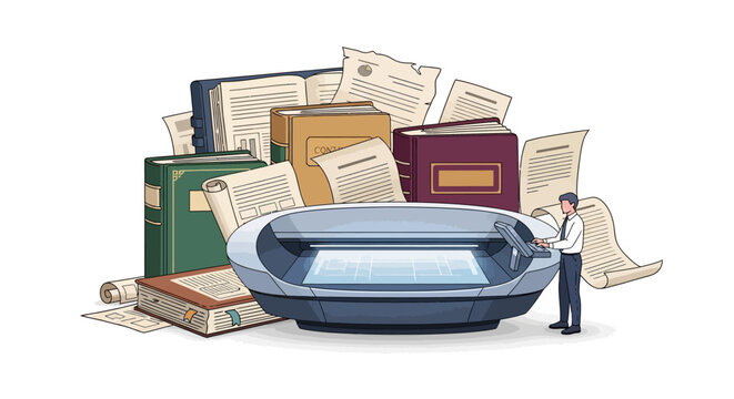 Futuristic document scanning with digital blueprint on advanced device