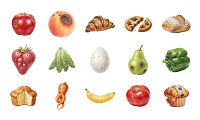 Fototapeta premium Watercolor set of imperfect fruits vegetables and baked goods collection