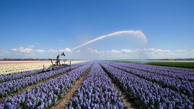 Irrigation system watering flower rows in a field. Industrial agriculture and farming process under a clear blue sky. Water spray over a colorful plantation.