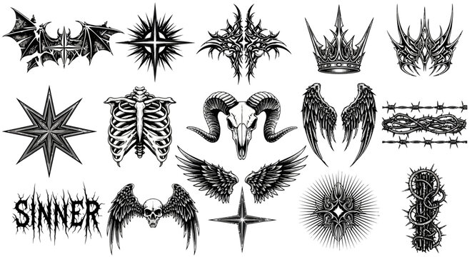 Collection of gothic and dark art elements, featuring skulls, wings, stars, and barbed wire, perfect for tattoo designs, edgy apparel, or mystical graphic projects
