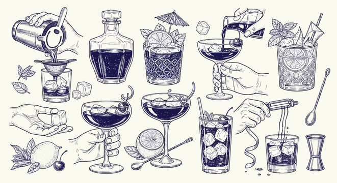 Collection of Vintage Hand-Drawn Cocktail Illustrations Bartending Tools, Mixed Drinks, and Preparation Steps for Classic Beverages