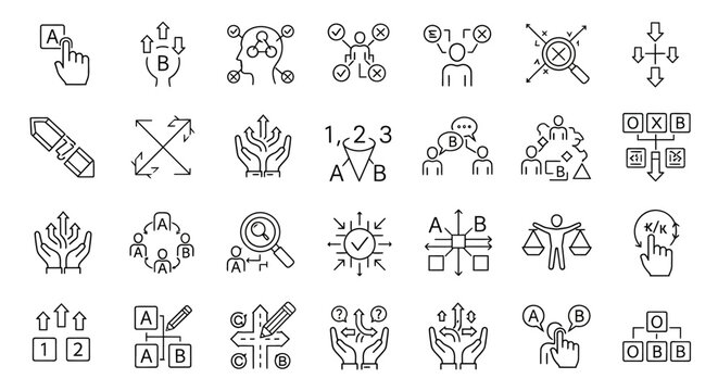Strategic Business Process and Data Analysis Concept Line Icons Collection for Decision Making and Workflow Optimization