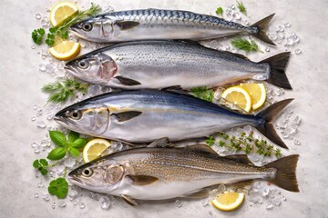 Obraz premium Fresh whole fish on ice with lemon and herbs seafood market display