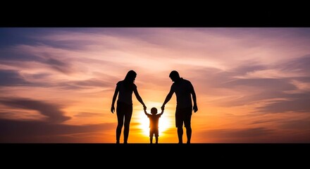 Fototapeta premium A family of three holding hands in silhouette against a vibrant sunset