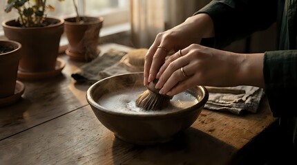 Fototapeta premium Hands mixing flour in wooden bowl on rustic kitchen table with warm natural lighting for baking and cooking preparation.