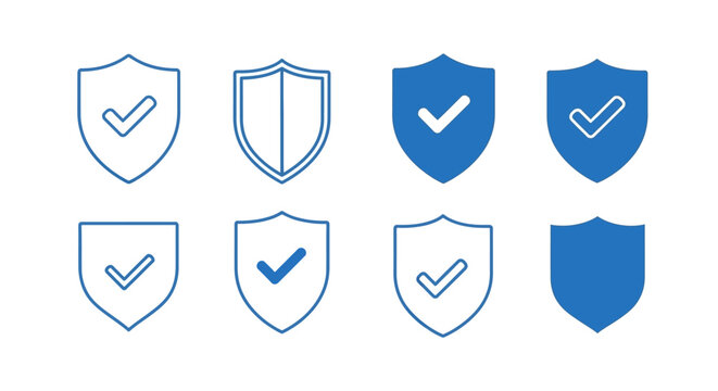 Collection of blue shield icons with check marks, representing security, safety, and verification services and symbols