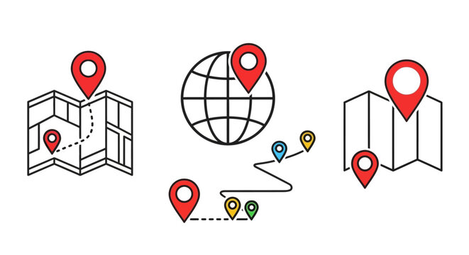 Navigation and location tracking icons for travel planning, route mapping, and global positioning, featuring various pin markers and map displays
