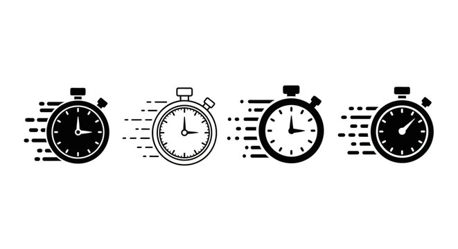 Set of four stopwatch icons with motion lines, symbolizing speed, time, and efficiency in a graphic illustration