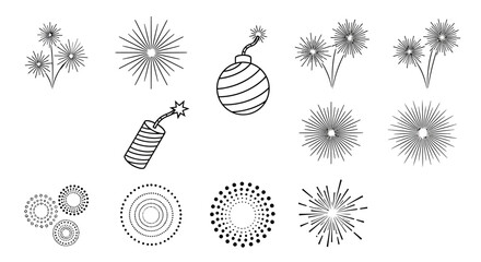 Collection of festive fireworks and firecracker line art illustrations for celebration and entertainment graphic design © PixelSingleStudio