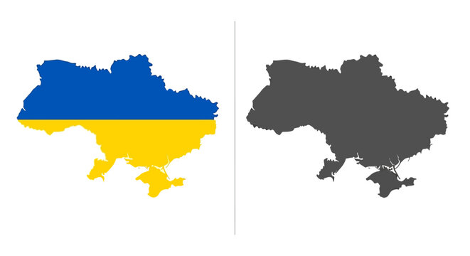 Outline map of Ukraine in national colors and its silhouette isolated on white background, country graphic