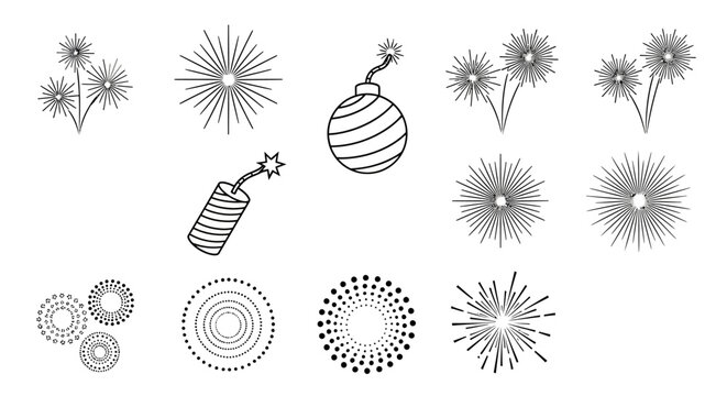 Collection of festive fireworks and firecracker line art illustrations for celebration and entertainment graphic design