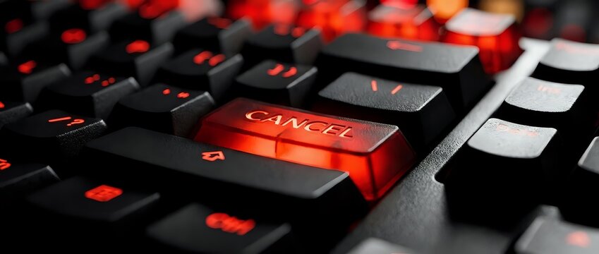 Red delete key on black computer keyboard with dramatic lighting for technology and data management concepts.