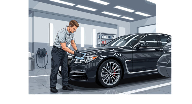 Professional auto detailing in modern garage with shiny black car