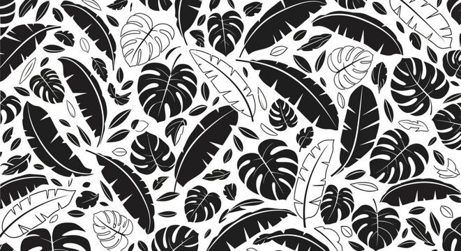 Black and white tropical leaf pattern with monstera and banana leaves