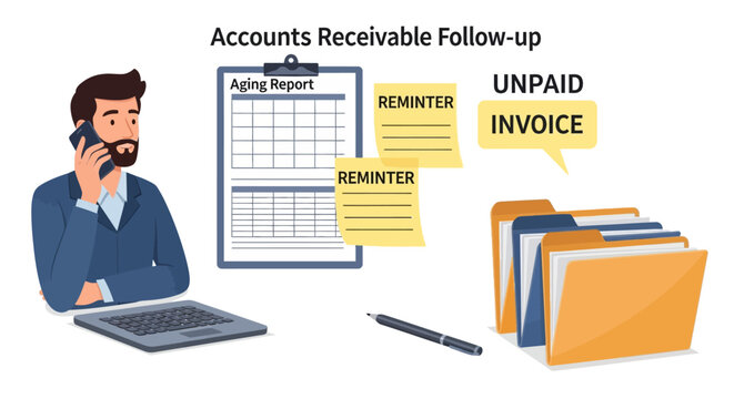 Businessman managing accounts receivable with invoices and reports