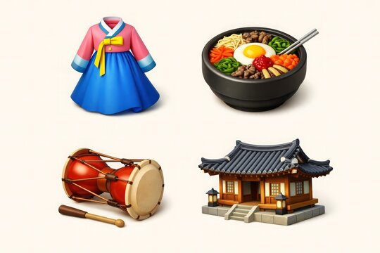 Korean culture icons set hanbok bibimbap drum and traditional house illustration