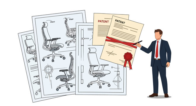 Businessman presenting office chair patent drawings with modern design