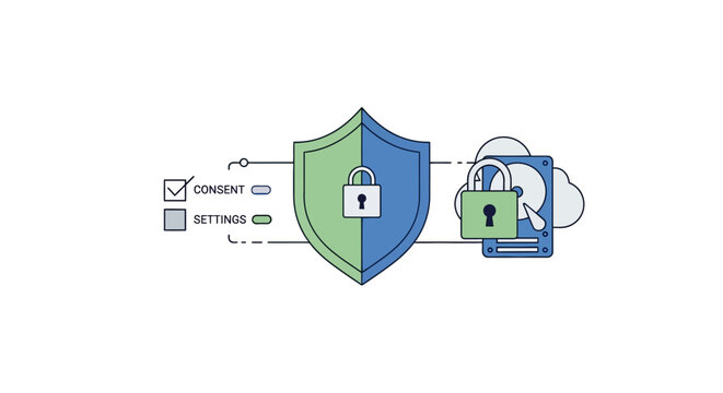 Data privacy and security concept with shield and lock icons
