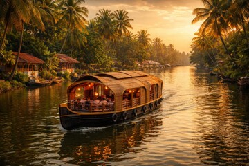Obraz premium imagTraditional houseboat cruise on tropical river sunset travel and tourism concept