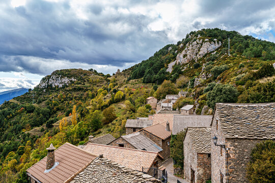 The old village of Tella and the surrounding landscape in Huesca. Aragon. Spain.