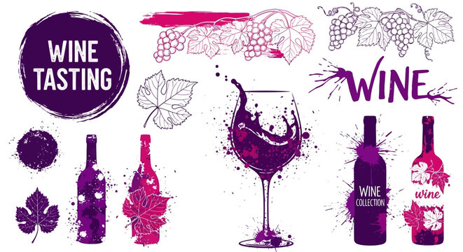 Collection of wine tasting illustrations and elements wine bottles, glasses, grapes, and leaves in a grunge, artistic style