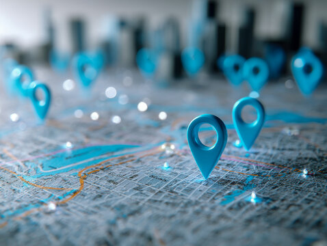 Conceptual city map with multiple location markers indicating points of interest and light indicators highlighting key urban areas during planning phase