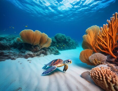 a tiny sea turtle navigating the ocean floor leaving a trail in the soft sand while vibrant coral formations surround its path