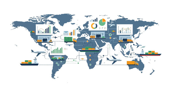 Global logistics and shipping network with infographic elements