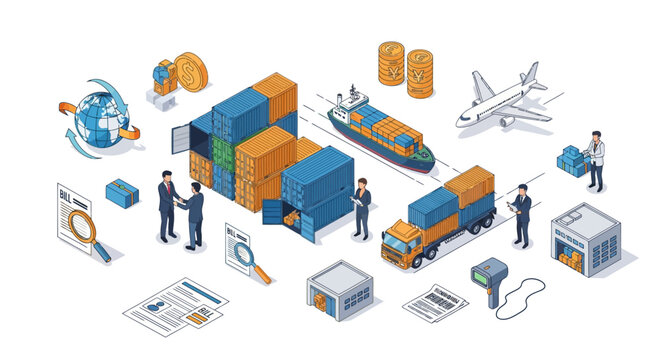 Global shipping logistics with isometric containers, transportation, and delivery