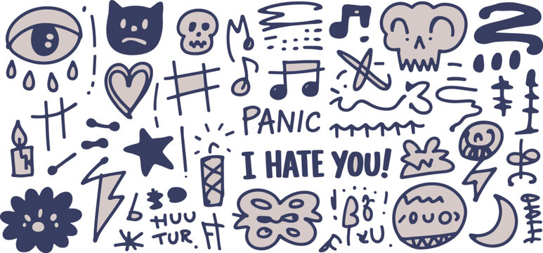Hand drawn doodle collection with eye skull heart lightning bolt and text abstract symbols
