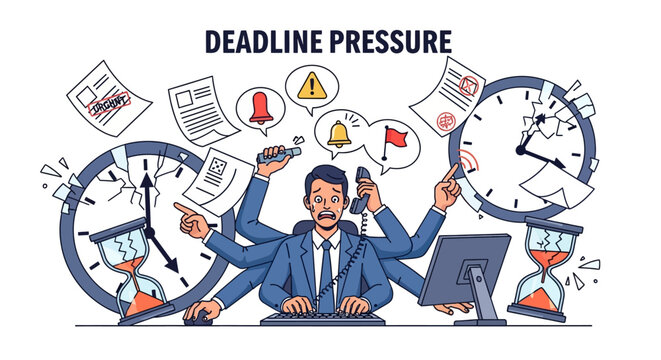 Multitasking office worker under deadline pressure with cracked clocks