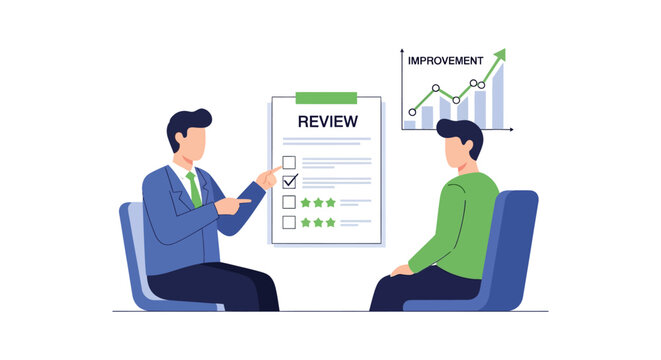 Employee performance review and growth visualization in modern office setting