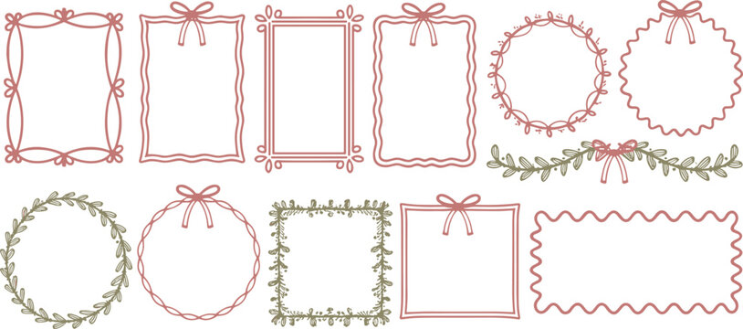 Collection of hand drawn decorative frames and borders with bows and foliage
