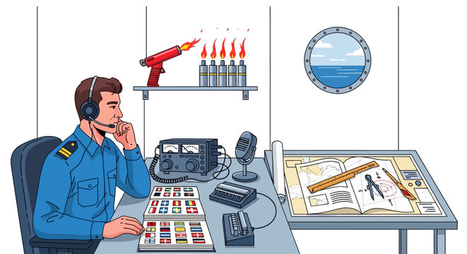 Maritime communication officer in control room with nautical charts and communication equipment