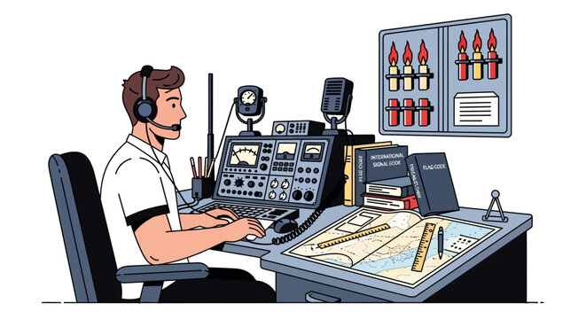 Maritime radio operator monitoring communications at navigation station