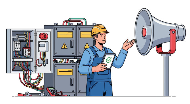 Engineer communicating maintenance updates to team via loudspeaker