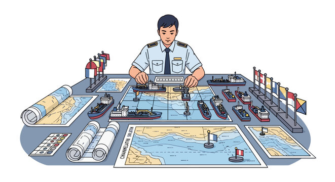 Marine navigator planning routes at desk with ships and maps in detailed flat style