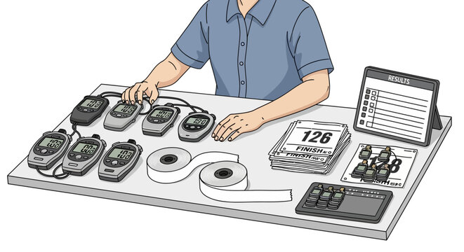 Isometric stopwatch and timing equipment setup display on table