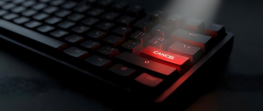Glowing red delete key on dark keyboard with smoke effect creating dramatic cybersecurity and data protection concept for digital security designs.