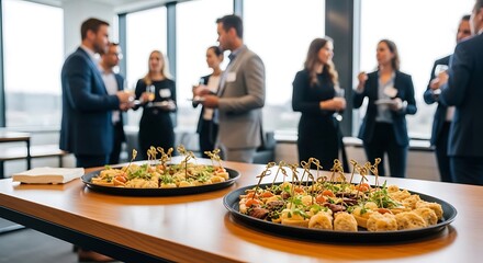 Appetizers and catering food served at an event buffet table with snacks and catering service setup © graphicssajib