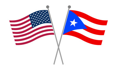 Obraz premium Crossed national flags of United States and Puerto Rico on flagpoles representing diplomatic relations, international partnership and geopolitical cooperation vector illustration