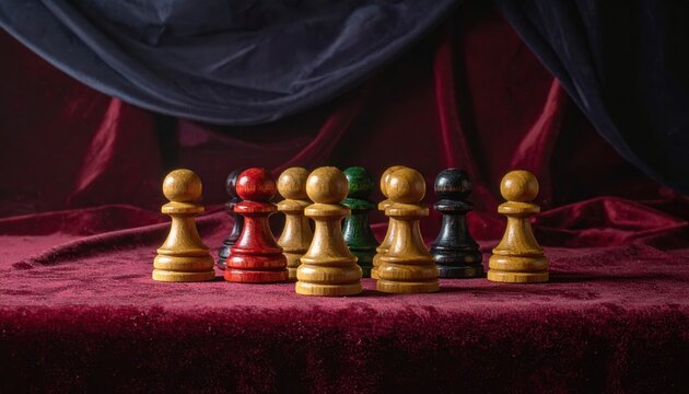 Carved Wooden Chess Pawns in Assorted Colors Arranged on a Richly Textured Surface Under Dramatic Lighting