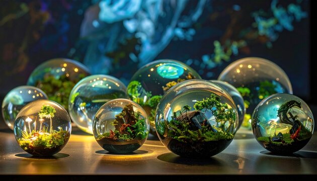 Array of translucent glass spheres showcasing miniature detailed natural environments and lush green plants within
